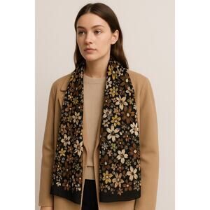 Sonia Rykiel Paris Silk Rectangular Scarf Floral Logo Designer Earthy Top Head